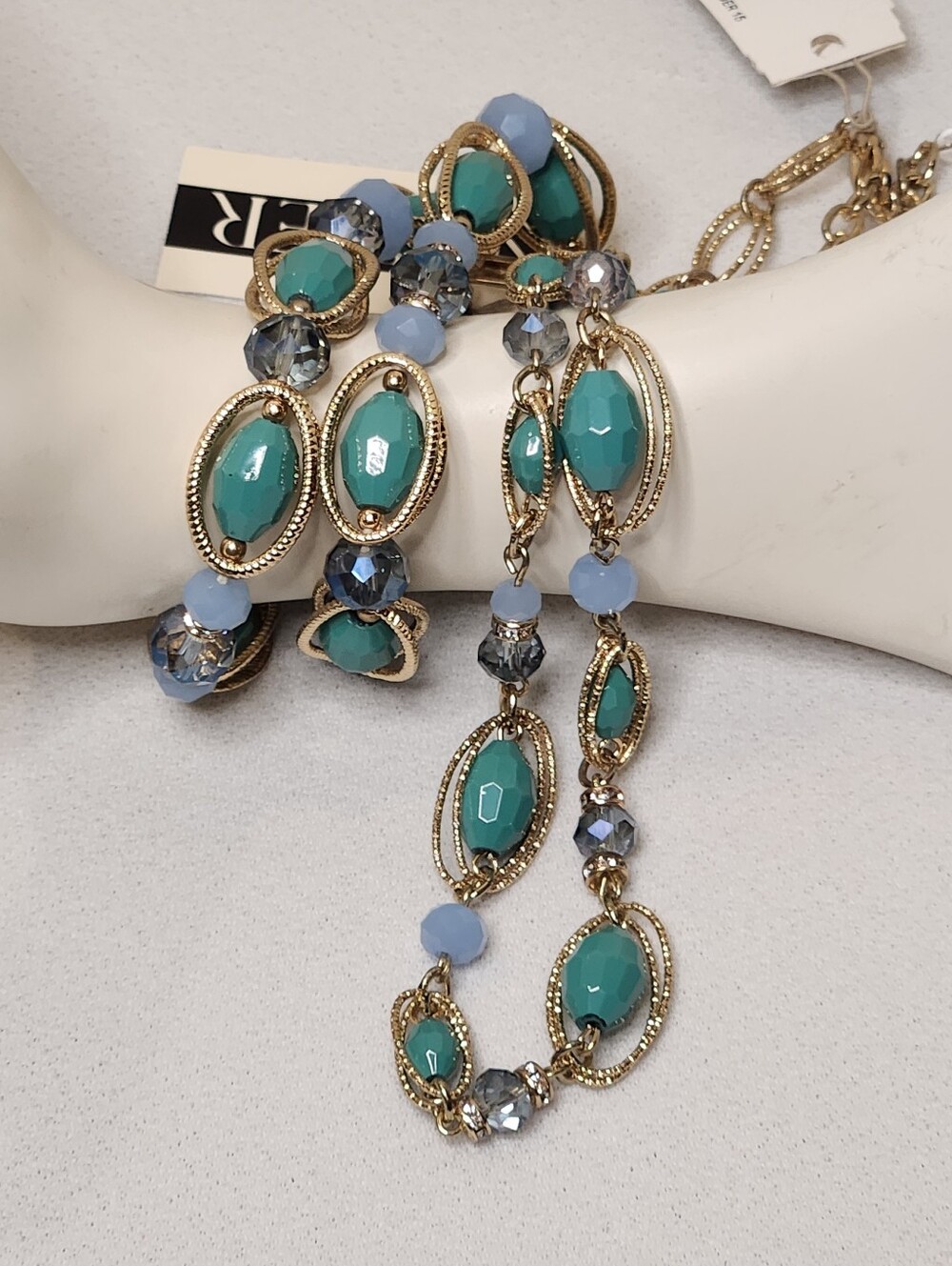 Napier Necklace & Bracelet Set Gold Tone Oval Chain Links Sea Green Blue Beads - Picture 5 of 16